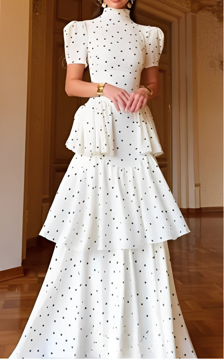 High-neck puff-sleeve polka-dot maxi dress