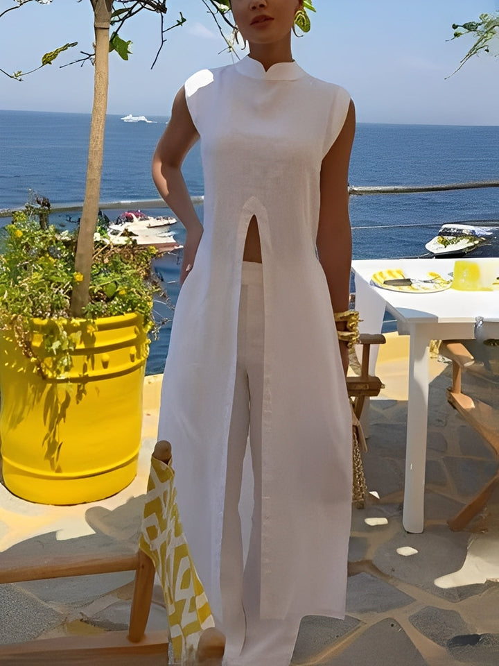 Half-mocked sleeveless robe top and pants set