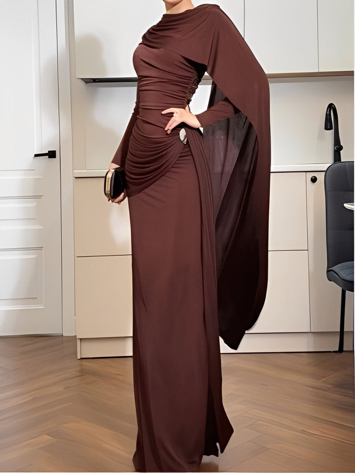 Long-sleeved one-shoulder cape maxi dress