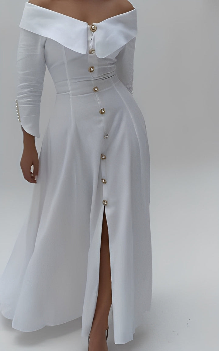 White off-the-shoulder lapel button dress