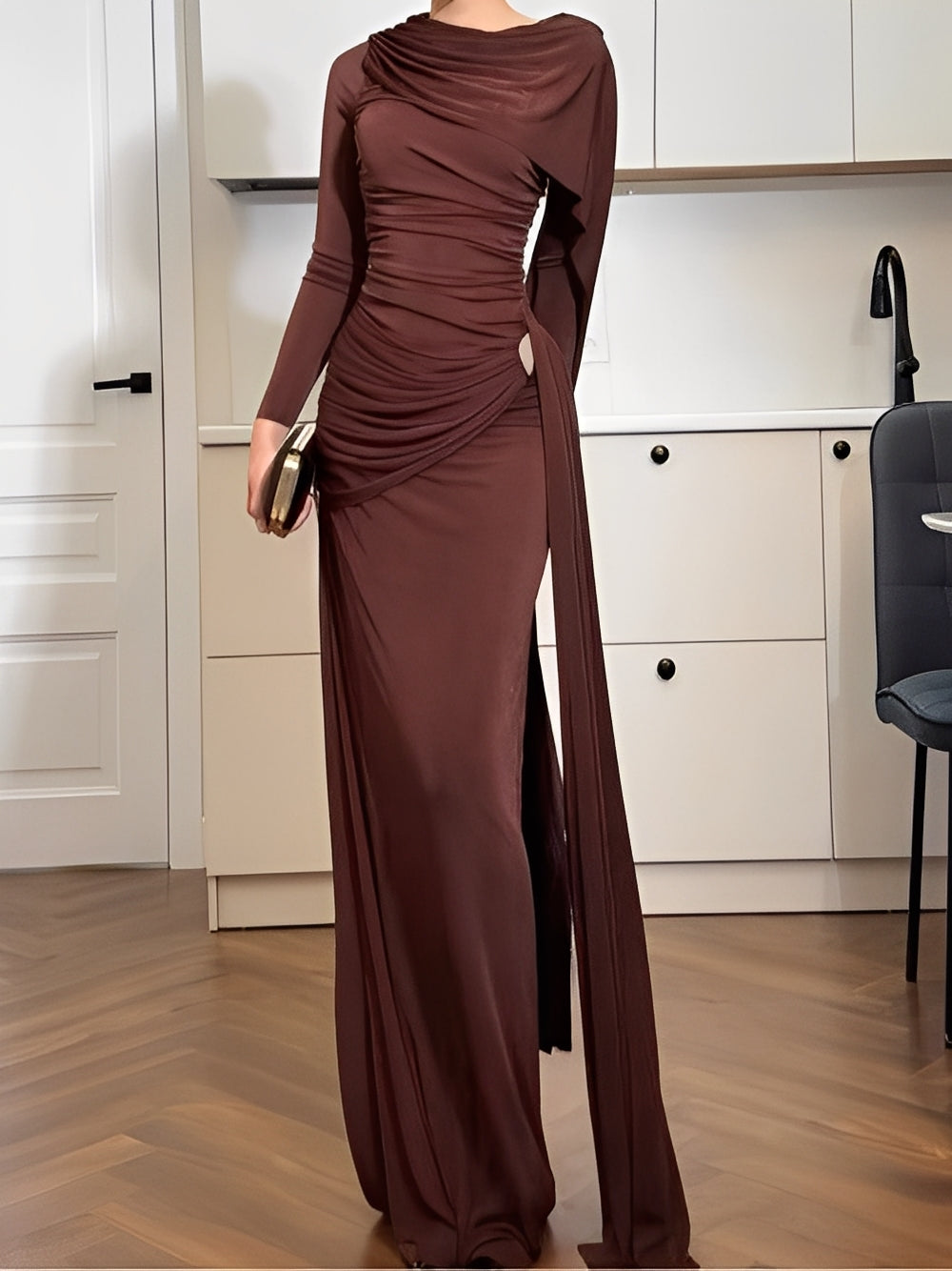 Long-sleeved one-shoulder cape maxi dress