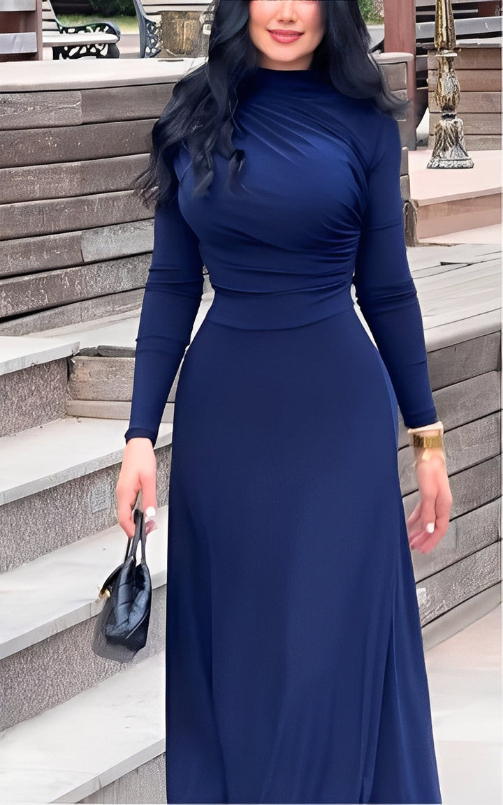 Elegant Solid Color High Neck Wrap Maxi Dress