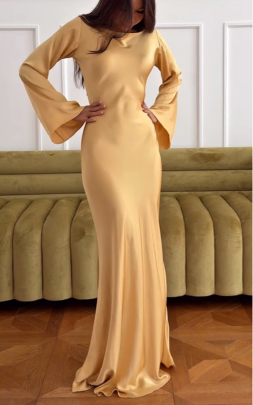 Gold Satin Long Sleeve Elegant Maxi Dress