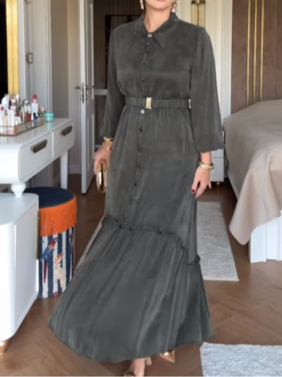Elegant single-breasted button-down dress with belt