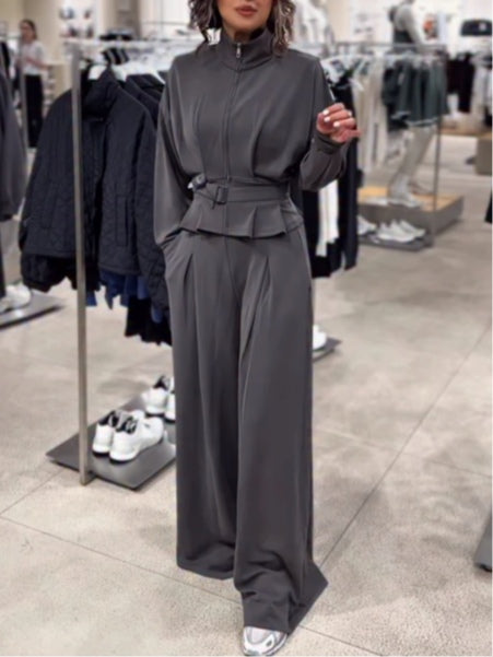 Dark grey turtleneck zip-up top and trousers set