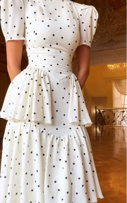 High-neck puff-sleeve polka-dot maxi dress