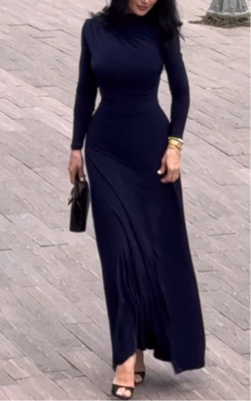 Elegant Solid Color High Neck Wrap Maxi Dress