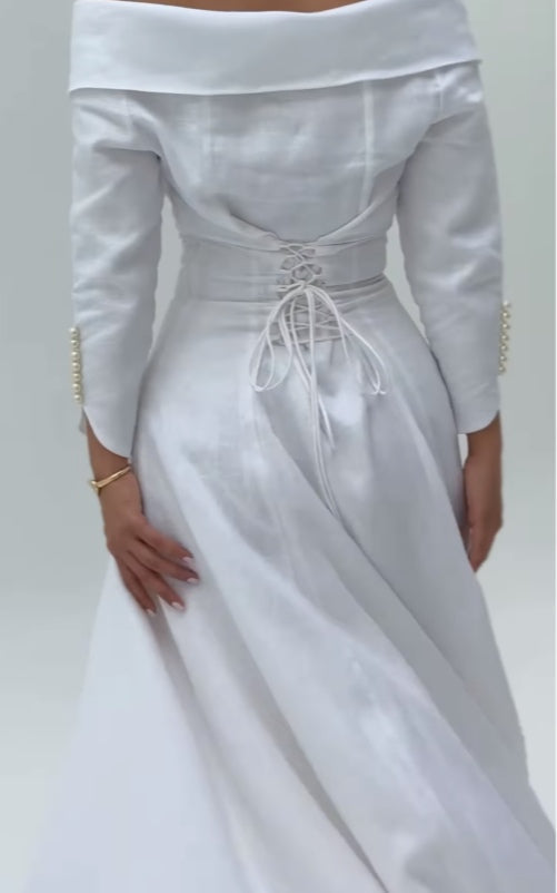 White off-the-shoulder lapel button dress