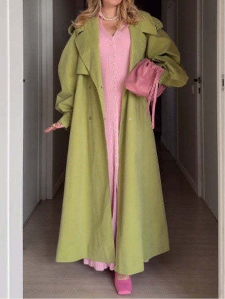 Green Oversized Puff Sleeve Trench Coat