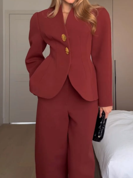 Red curved suit jacket and trousers set