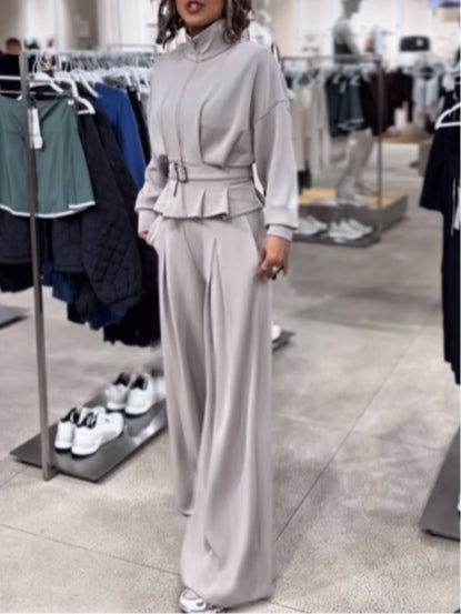 Dark grey turtleneck zip-up top and trousers set