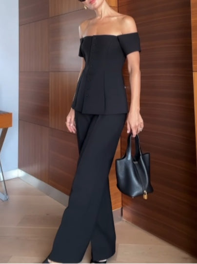 Off-shoulder short-sleeved button-down vest suit