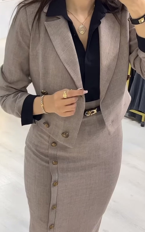 Asymmetrical button-down blazer and skirt set