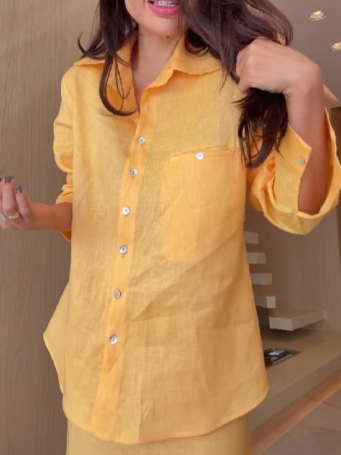 Warm yellow long-sleeved shirt and skirt set